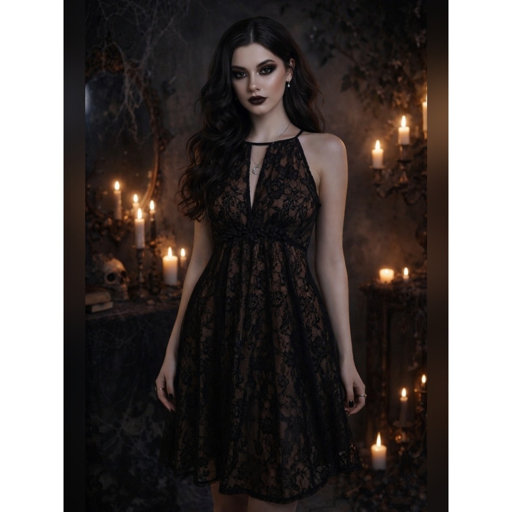 Black Lace Halter Mini Dress Dark Romantic Goth Sheer Overlay Night Party Medium